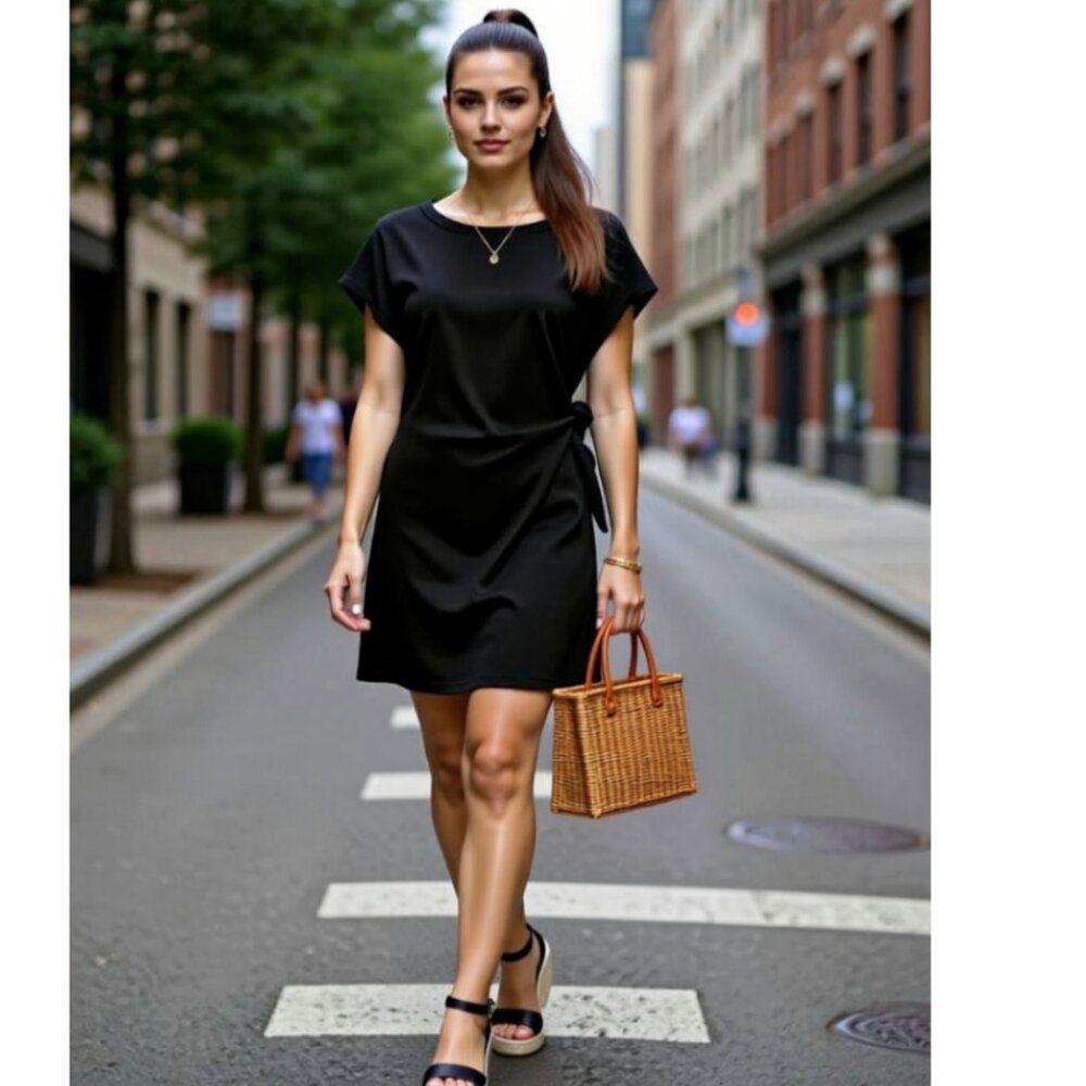 Black Side Tie Ruched Dress Womens M Draped Waist Minimalist Casual Sheath
